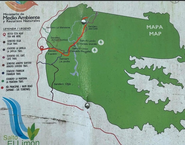 Map showing trail to El Limon waterfall