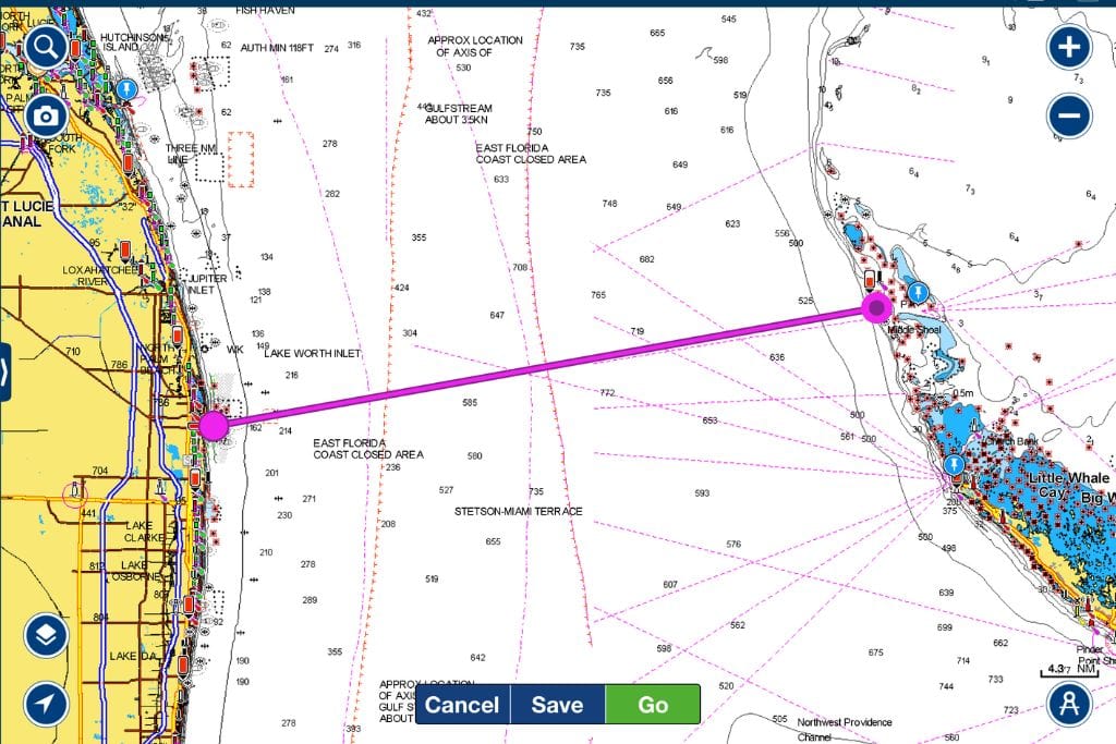 sailing from florida to the bahamas - navionics chart showing route