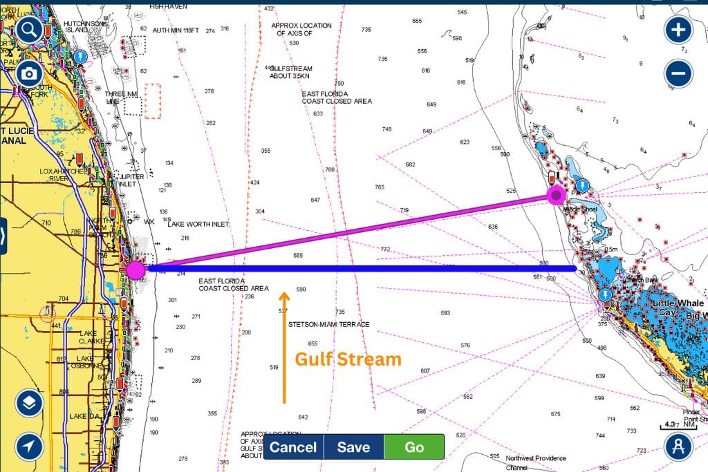 sailing from florida to the bahamas - navionics chart showing route