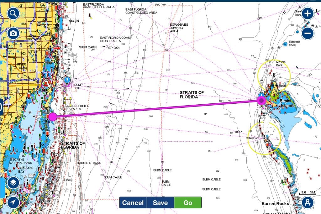 sailing from florida to the bahamas - navionics chart showing route from No Name Harbor to Bimini